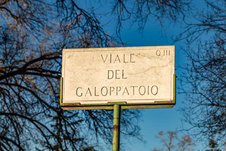 ROME, ITALY - JANUARY 6, 2019: light is enlightening  street name sign of VIALE DEL GALOPPATOIO in Romeのeditorial素材