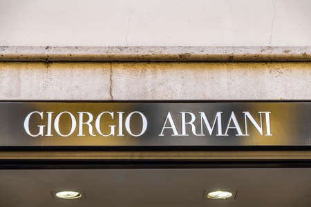 ROME, ITALY - JANUARY 3, 2019: lights are enlightening   GIORGIO ARMANI logo on storefrontのeditorial素材