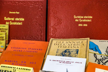CESENA, ITALY - NOVEMBER 18, 2018: lights are enlightening old books for sale in Antiques Fair