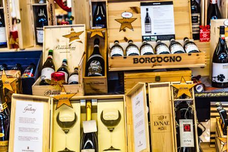 BOLOGNA, ITALY - DECEMBER 16, 2018: lights are enlightening bottles of sparkling wine at FICO Eataly World, the largest gourmet agri-food park in the worldのeditorial素材