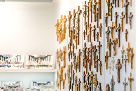 BOLOGNA, ITALY - FEBRUARY 18, 2019: lights are enlightening crosses at stand of CIPOLLETTI in DEVOTIO Religious products and service exhibitionのeditorial素材