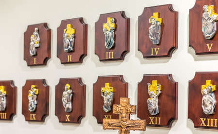 BOLOGNA, ITALY - FEBRUARY 18, 2019: lights are enlightening station of Via Crucis at stand of BRAMBILLA MILANI in DEVOTIO Religious products and service exhibitionのeditorial素材