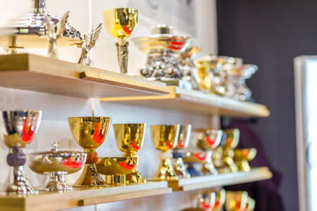 BOLOGNA, ITALY - FEBRUARY 18, 2019: lights are enlightening goblets at stand of SALVE INTERNATIONAL in DEVOTIO Religious products and service exhibitionのeditorial素材