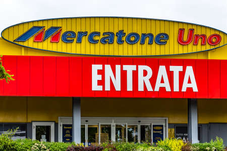 RUSSI (RA), ITALY - MAY 27, 2019: sunlight is enlightening logo of Mercatone Uno on storefront of...
