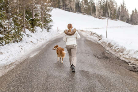 LA VILLA (BZ), ITALY - FEBRUARY 9, 2019: woman walking with dog on mountain roadのeditorial素材