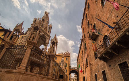 VERONA (VR), ITALY - MAY 10, 2019: sunlight is enlightening The Scaliger Tombs in Verona, city of lovers in Italyのeditorial素材