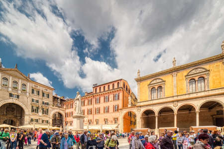 VERONA (VR), ITALY - MAY 10, 2019: tourists visiting Piazza dei Signori in Verona, city of lovers in...