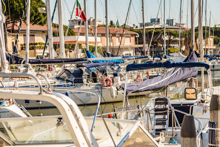 CERVIA (RA), ITALY - MAY 17, 2019: boats mooring in port channel of Cervia.のeditorial素材