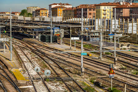 BOLOGNA, ITALY - MAY 10, 2019: sunlight is enlightening rails in Central Station of Bolognaのeditorial素材