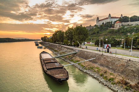 BRATISLAVA, SLOVAKIA - AUGUST 26, 2019:  waters of Danube river flowing along Bratislava, capital of Slovakiaのeditorial素材