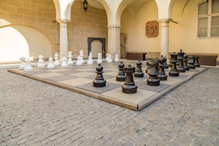 BRATISLAVA, SLOVAKIA - AUGUST 27, 2019: sunlight is enlightening street chess in Bratislava, capital of Slovakiaのeditorial素材