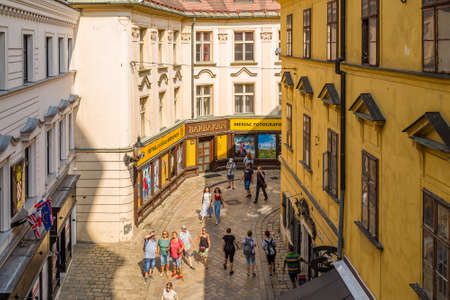 BRATISLAVA, SLOVAKIA - AUGUST 27, 2019: tourists visiting Michalska Brana in Bratislava, capital city of Slovakiaのeditorial素材