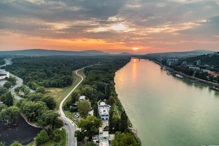 BRATISLAVA, SLOVAKIA - AUGUST 26, 2019:  waters of Danube river flowing along Bratislava, capital of Slovakiaのeditorial素材