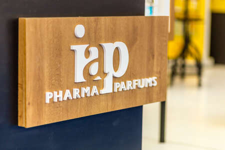 BOLOGNA, ITALY - APRIL 12, 2019: light is enlightening IAP logo in Cosmofarma Exhibition, the pharmacy worldâs leading European event for the Health Care and Beauty Care sectors and all pharmacy-related servicesのeditorial素材