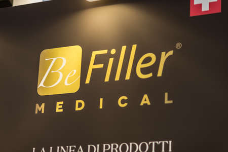 BOLOGNA (BO), ITALY - APRIL 12, 2019: light is enlightening BEFILLER logo in Cosmofarma Exhibition,...
