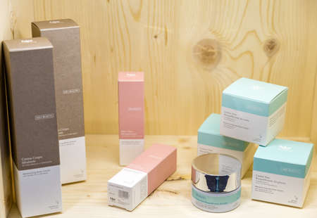 BOLOGNA (BO), ITALY - MARCH 18, 2019: light is enlightening products at COSMOPROF, trade show of the beauty industryのeditorial素材