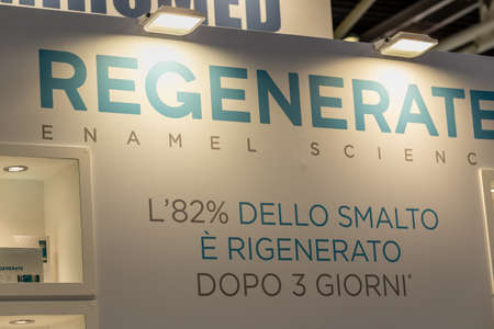 BOLOGNA (BO), ITALY - APRIL 12, 2019: light is enlightening REGENERATE logo in Cosmofarma...