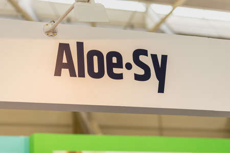 BOLOGNA (BO), ITALY - APRIL 12, 2019: light is enlightening ALOE SY logo in Cosmofarma Exhibition,...
