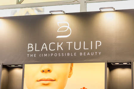 BOLOGNA (BO), ITALY - APRIL 12, 2019: light is enlightening logo in Cosmofarma Exhibition, the pharmacy worldâs leading European event for the Health Care and Beauty Care sectorsのeditorial素材