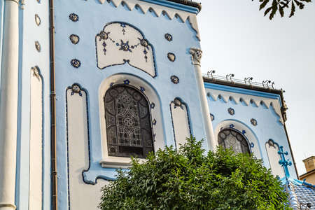 BRATISLAVA, SLOVAKIA - AUGUST 28, 2019: sunlight is enlightening Blue Church, Art Noveau building in Bratislava, capital city of Slovakiaのeditorial素材