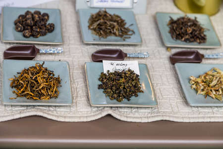 BOLOGNA (BO), ITALY - SEPTEMBER 6, 2019: lights are enlightening spices and tea leaves at SANA 2019, 31st international exhibition
of organic and natural productsのeditorial素材