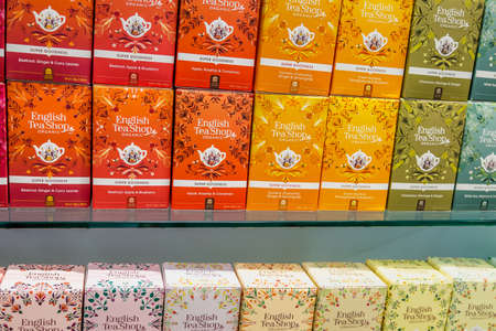 BOLOGNA (BO), ITALY - SEPTEMBER 6, 2019: lights are enlightening organic tea bags at SANA 2019, 31st international exhibitionof organic and natural productsのeditorial素材