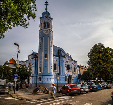 BRATISLAVA, SLOVAKIA - AUGUST 28, 2019: sunlight is enlightening Blue Church, Art Noveau building in Bratislava, capital city of Slovakiaのeditorial素材