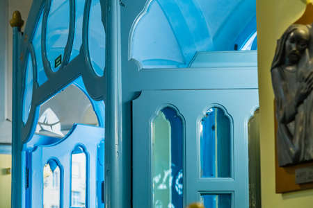 BRATISLAVA, SLOVAKIA - AUGUST 28, 2019: sunlight is enlightening Blue Church, Art Noveau building in Bratislava, capital city of Slovakiaのeditorial素材