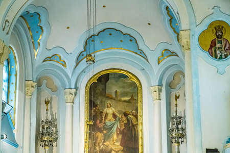 BRATISLAVA, SLOVAKIA - AUGUST 28, 2019: sunlight is enlightening Blue Church, Art Noveau building in Bratislava, capital city of Slovakiaのeditorial素材