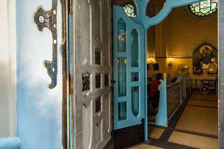 BRATISLAVA, SLOVAKIA - AUGUST 28, 2019: sunlight is enlightening Blue Church, Art Noveau building in Bratislava, capital city of Slovakiaのeditorial素材