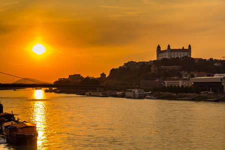 BRATISLAVA, SLOVAKIA - AUGUST 28, 2019: waters of Danube river flowing along Bratislava, capital city of Slovakiaのeditorial素材