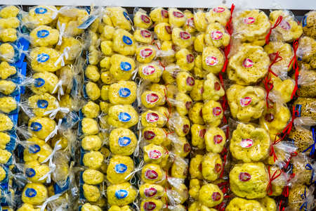 BOLOGNA (BO), ITALY - SEPTEMBER 6, 2019: lights are enlightening sponges at SANA 2019, 31st international exhibitionof organic and natural productsのeditorial素材