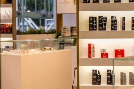 BOLOGNA (BO), ITALY - SEPTEMBER 6, 2019: lights are enlightening ALKEMILLA products at SANA 2019, 31st international exhibitionof organic and natural productsのeditorial素材