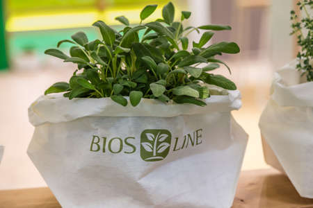 BOLOGNA (BO), ITALY - SEPTEMBER 6, 2019: light is enlightening BIOSLINE logo at SANA 2019, 31st international exhibitionof organic and natural productsのeditorial素材