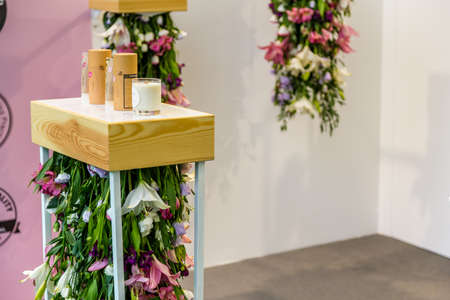 BOLOGNA (BO), ITALY - SEPTEMBER 6, 2019: lights are enlightening products at SANA 2019, 31st international exhibition
of organic and natural productsのeditorial素材