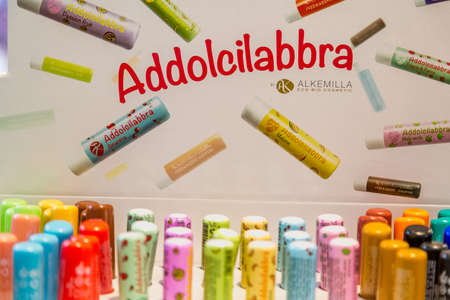 BOLOGNA (BO), ITALY - SEPTEMBER 6, 2019: lights are enlightening ALKEMILLA products at SANA 2019, 31st international exhibition
of organic and natural productsのeditorial素材