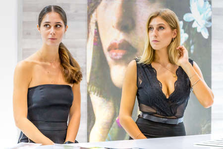 BOLOGNA (BO), ITALY - SEPTEMBER 6, 2019: ehibitor waiting for visitors at SANA 2019, 31st international exhibitionof organic and natural productsのeditorial素材