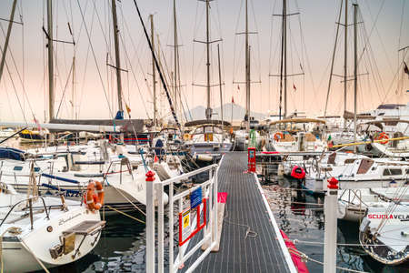 NAPLES, ITALY - JANUARY 2, 2020: 
boats moored in marina in the Gulf of Naples, Italyの写真素材