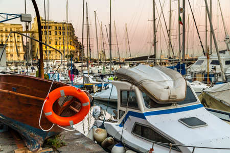 NAPLES, ITALY - JANUARY 2, 2020: 
boats moored in marina in the Gulf of Naples, Italyの写真素材