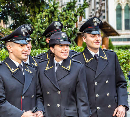 FLORENCE, ITALY - DECEMBER 15, 2019: Carabinieri smiling for photo in Florence in Italyのeditorial素材
