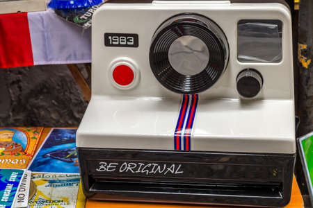 NAPLES, ITALY - JANUARY 4, 2020: light is enlightening vintage polaroid camera for sale in marketのeditorial素材