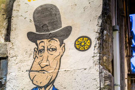 NAPLES, ITALY - JANUARY 4, 2020: light is enlightening street art dedicated to the famous Italian comedian Antonio De Curtis, TotÃ²のeditorial素材