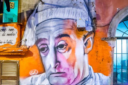 NAPLES, ITALY - JANUARY 4, 2020: light is enlightening street art dedicated to the famous Italian comedian Antonio De Curtis, TotÃ²のeditorial素材