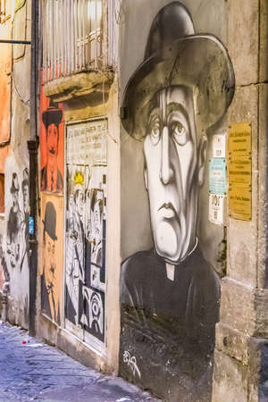 NAPLES, ITALY - JANUARY 4, 2020: light is enlightening street art dedicated to the famous Italian comedian Antonio De Curtis, TotÃ²のeditorial素材