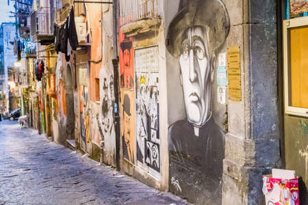 NAPLES, ITALY - JANUARY 4, 2020: light is enlightening street art dedicated to the famous Italian comedian Antonio De Curtis, TotÃ²のeditorial素材