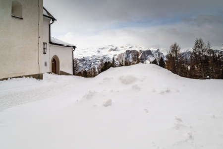 snow covering La Crusc Santa Croce Sanctuary