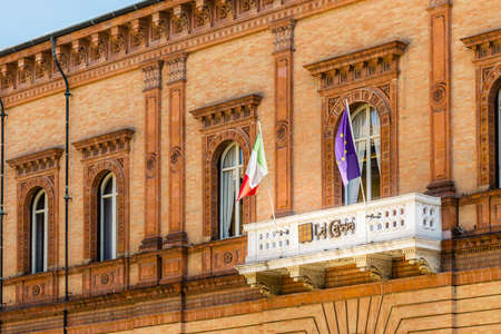 RAVENNA, ITALY - MAY 2, 2019: light is enlightening building of La Cassa Bankの写真素材