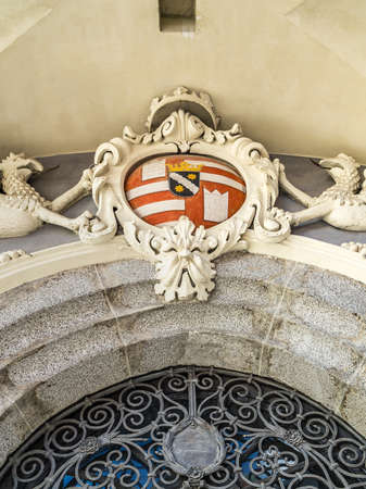 Brunico (BZ), February 12, 2019: sunlight is enlightening architecture details of the historical center of Brunicoのeditorial素材
