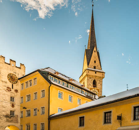 Brunico (BZ), February 12, 2019: sunlight is enlightening the Ursuline Churchのeditorial素材