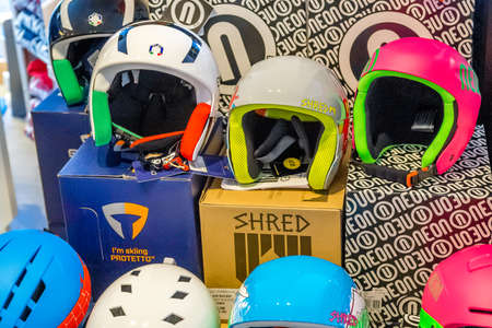 Brunico (BZ), February 12, 2019: light is enlightening ski helmets for sale in shopのeditorial素材